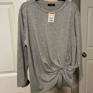 Botanique Women's Long Sleeve Light Grey Knot Front Round Neck Top